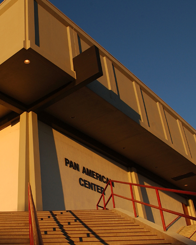 Zoomed in photo of the corner of the Pan American Center.