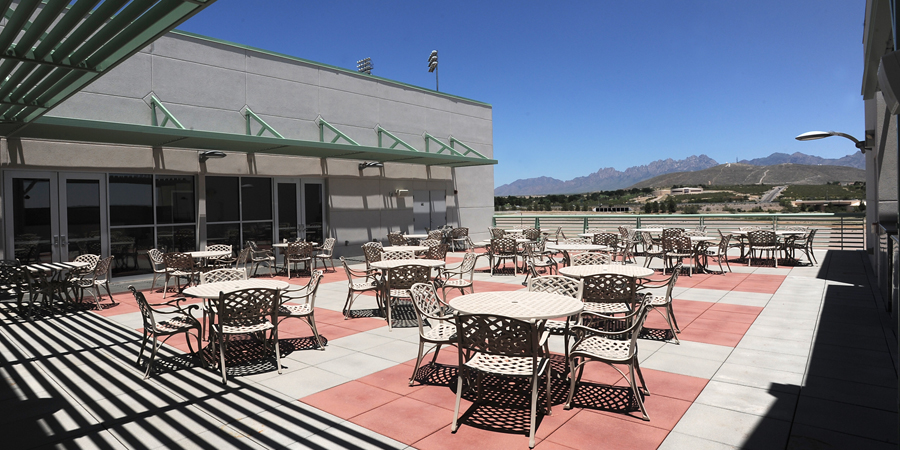 Outdoor patio at Fulton center facing a beautiful view of the Organ Mountains.