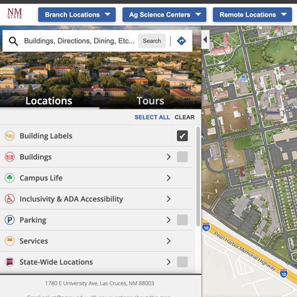 A screenshot of the NMSU Virtual Campus Map website.